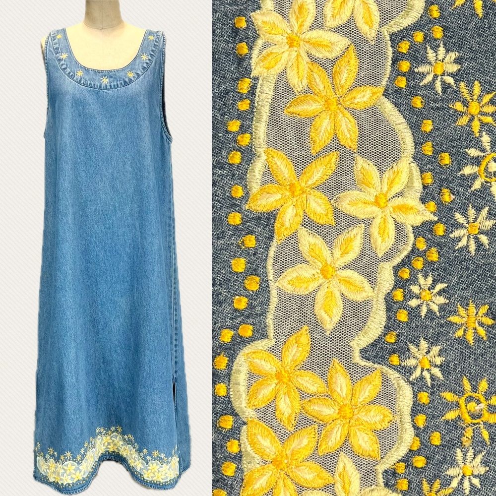 VINTAGE‎ daisy flower embroidered long maxi denim jean dress sleeveless jumper